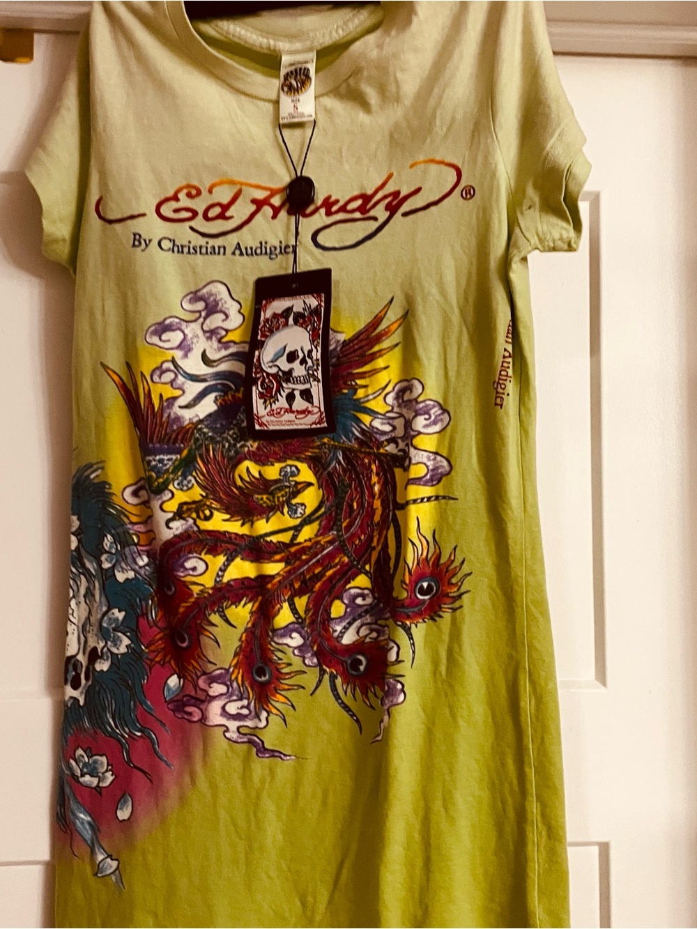 Christian Audigier Lime Green Graphic Dragon Tee with Red and Yellow Accents